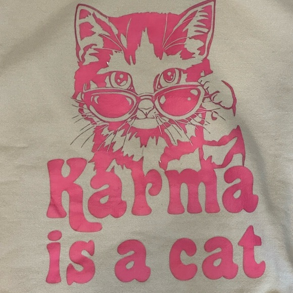 ⚡️2/$25⚡️Karma Cat Beige Pink Heavy Cotton Women’s Crewneck Sweater |Cat Lover😻 - Picture 2 of 6